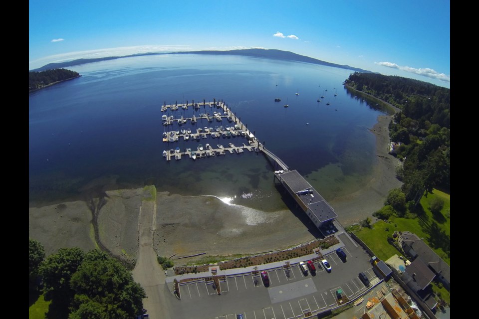 An aerial view of the Waterfront at Mill Bay townhouse development.