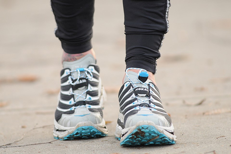 A pair of Hoka running shoes, worn by Kristina Bangma.