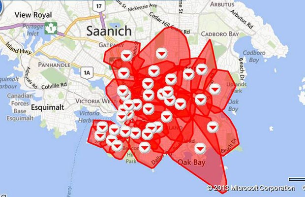 Map of power outage in Victoria, Oak Bay and Saanich Thursday