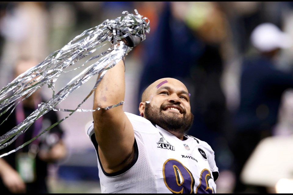 Baltimore Ravens' Ma'ake Kemoeatu celebrates victory over the San Francisco 49ers in their NFL Super Bowl XLVII football game in New Orleans, Louisiana, February 3, 2013.