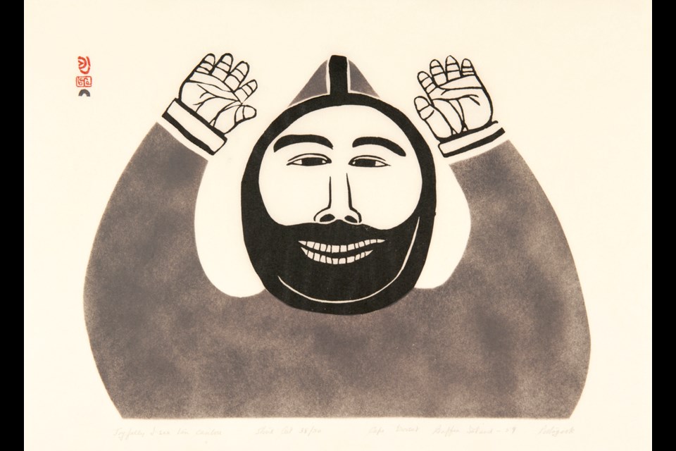 Joseph Pootoogook's Joyfully I See Ten Caribou, a stone-cut on Japanese wove paper, printed by Kananginak Pootoogook, is part of the new exhibition at Burnaby Art Gallery.