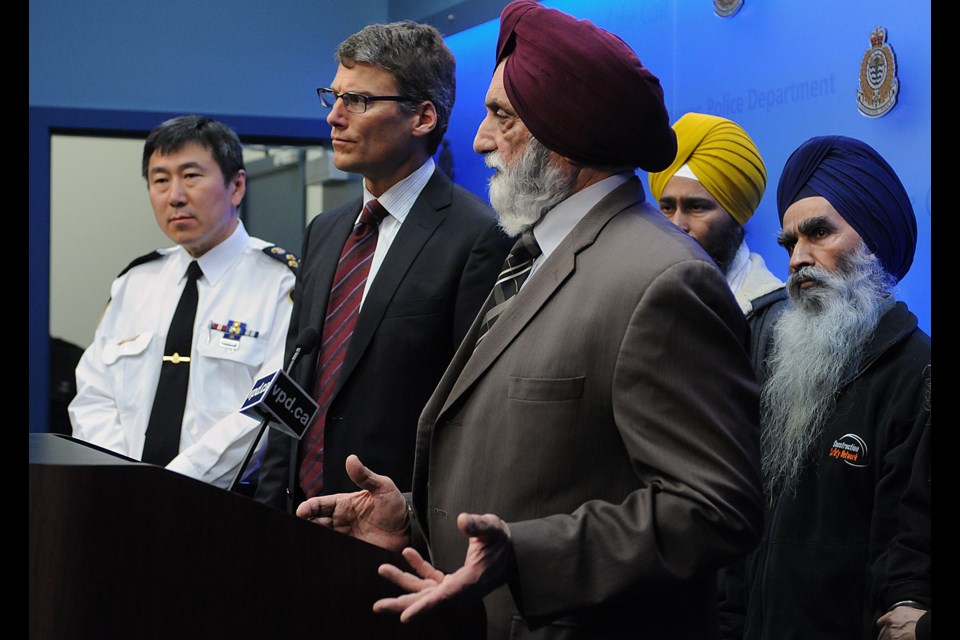 Khalsa Diwan Society president Sohan Deo responds to man's apology for urinating on Komagata Maru monument in December. Deo and other members of the South Asian community attended a press conference Thursday at the VPD's Cambie Street headquarters. Photo Dan Toulgoet