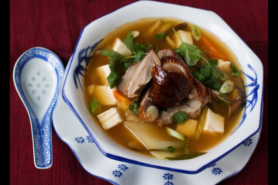 Hot and Sour Soup with Barbecue Duck and Tofu is hearty enough to be a main course.