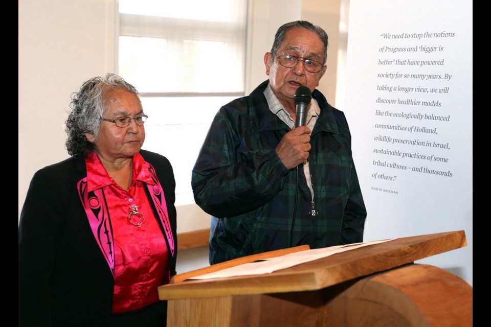 Mary Ann Thomas of the Esquimalt Nation and Elmer George of Songhees Nation with a welcoming prayer.