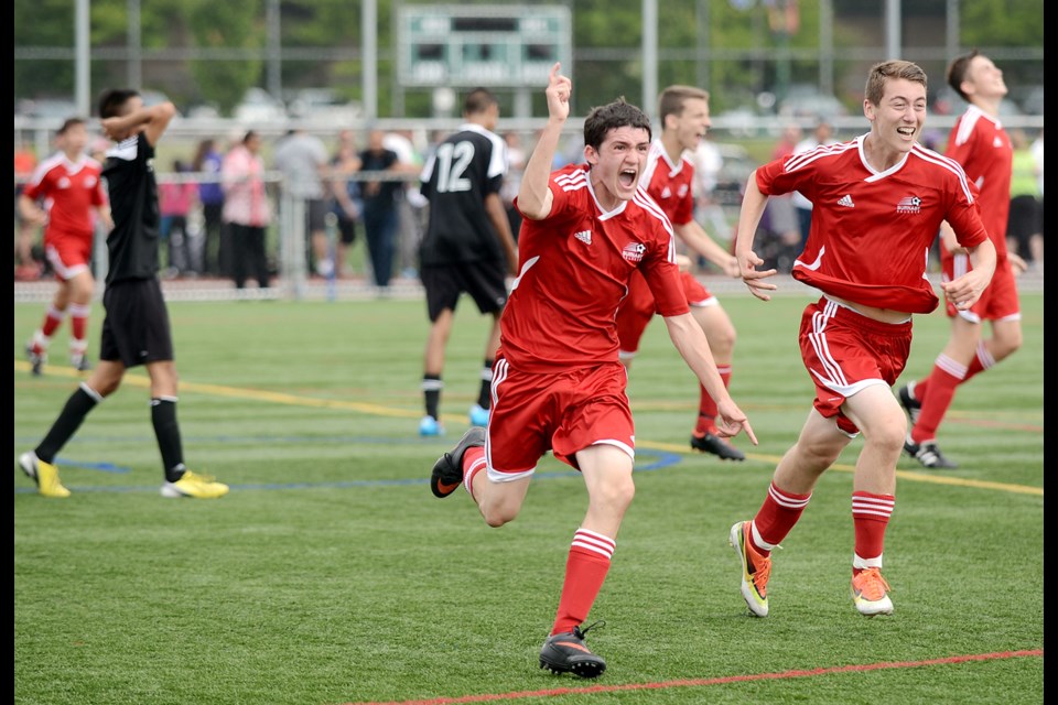 Nicolas Sanchaz, centre, celebrates his game-tying goal for the eventual under-15 three-time Burnaby Selects Provincial A Cup champions