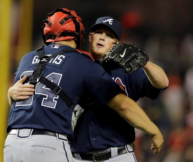 B. J. Upton and Chris Johnson of the Atlanta Braves celebrate