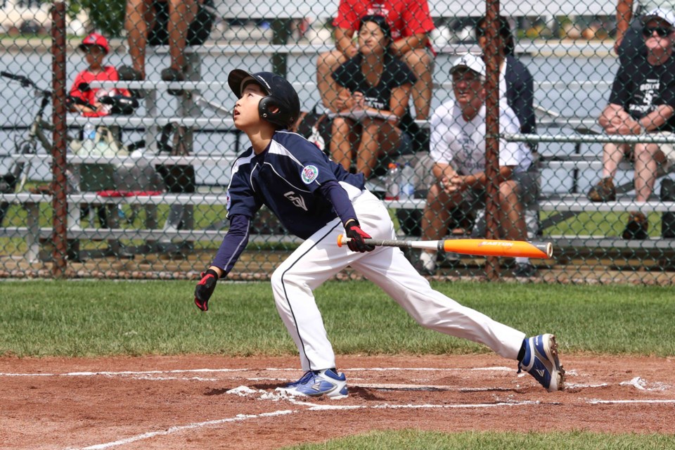 Joshua Matsui cracked a base hit in a 10-0 win over hosts Valleyfield at the Little League Canadian Championship in Valleyfield, Que. on Aug. 5, 2014.