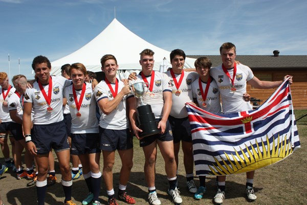 North Shore players Tyrone Karius (left), Chase Taylor-Robins, Jackson Claridge, Joe Sourisseau, Nick Frost, Tamar Tucker-Harrison and Liam Doll all suited up for the B.C. U17 provincial team as they won gold in the U18 Tier 2 division at the Canadian age-grade rugby championships last week in Calgary.