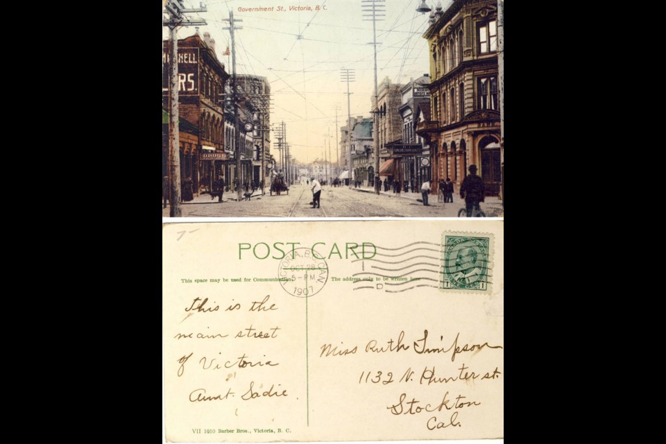 View of Government Street, Oct. 28, 1907. Sent from Victoria to Stockton, California. — Verna Kazakoff