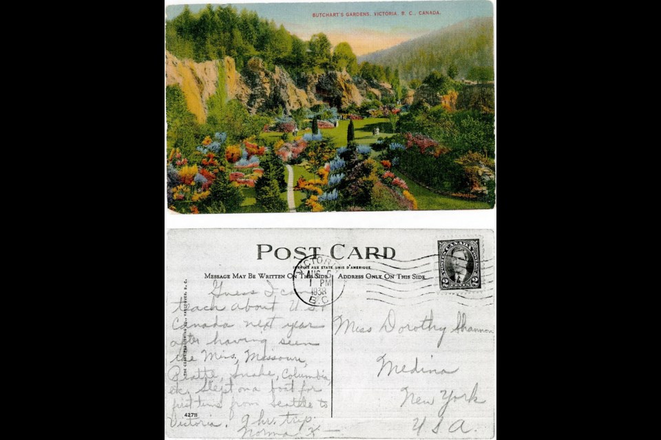 This postcard of Butchart Gardens was purchased for 50 cents in 1991 at an antique store in Utica, New York. Postmark on the card reads Aug. 5, 1938. — Robert Davies, Victoria