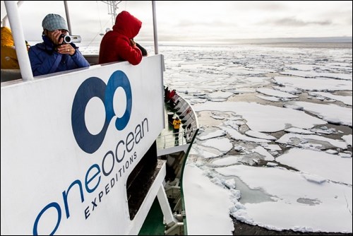 The ship belonging to One Ocean Expeditions, a small ϰϲʿ¼ based adventure tour company, breaks through the ice in the Arctic. The company played a significant role in the recovery of the two vessels lost in the Franklin Expedition over 150 years ago.