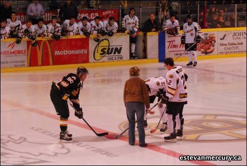 The Estevan Eagle Drilling Bruins took on the Nipawin Hawks Friday October 29. This game was also special as it was their Breast Cancer awareness game. Melody Pierson a long time Bruins supporter and billet did the honorary puck drop.