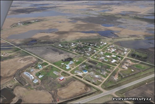 View of Hitchcock, with flooded fields in the background.