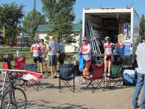 Riders and support crew gather for their scheduled stop in Wawota on Sept. 11.