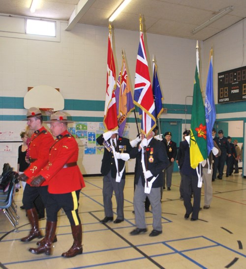 Paraded in by two serge-clad members of the Carlyle Detachment of the RCMP, the Legion colour guard bring in the various flags at the beginning of the Carlyle Remembrance Day ceremony, held at Carlyle Elementary School.