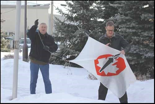 Heart and Stroke Foundation of Canada area coordinator Harry Ramsbottom and Yorkton Mayor James Wilson raised the Heart and Stroke Foundation flag next to City Hall on Friday to recognize Heart Month in February. Volunteers will canvass the city this month to raise money for Heart and Stroke research and education programs.