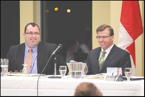 NDP candidate Chad Blenkin and the Saskatchewan Party&#8217;s Greg Ottenbreit talked policy at a Chamber of Commerce debate at the Gallagher Centre on October 19. A gaffe by Ottenbreit on First Nations &#8220;handouts&#8221; was the sole hiccup in what was generally a civil debate on  health, education, labor, and other local topics.