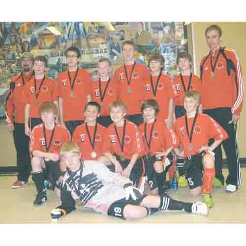 Front row: Tyson Black; middle row, from left: Ben Koroluk, Ben Fetsch, Zach Kostersky, Kyle Schmidt, Brock Chiasson; back row: Chad Grodzinski, coach, Ryan Nussbaumer, Austin Spear, Matthew McKee, Riley McGill, Jaden Porte, Austin Jasan, Asst. Coach Leon Dirks. Missing are: Haylen Langelier, Colby Stachura.