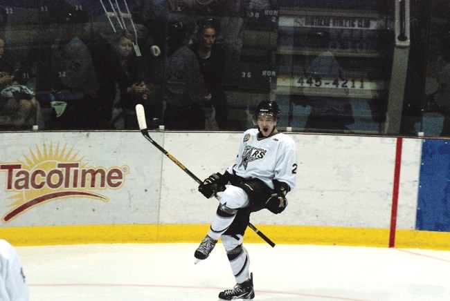 Shayne Morrissey celebrates the first goal Tuesday night.