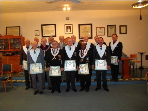 Masonic Lodge, Ionic Lodge No. 31, the Battlefords, held their Installation of Officers, for 2012 Dec. 9. Pat Hutchison is the incoming Master. Officers are: front row - Tony Francescone, Pat Hutchison, Bernie Meisner, Gordon Yarde, Peter Hogger; back row - Chuck Keilback, Rod Munn, Don Finan, Dave Dishko, Richard Gibbons, Gary Tarr, Doug Holmberg, Glenn Hunter and Alan Tanchuck. Missing are Al White and
Gordon Whitton.