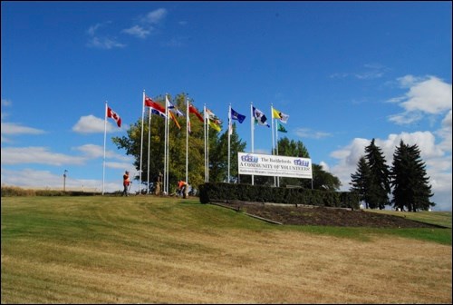 A new display of flags has been installed by the City of North Battleford on the hillside just before the railway overpass.