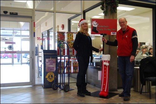 Erin Katerynych, Battlefords Food Bank manager in charge of bell ringing for the Empty Stocking Fund, and Executive Director Bill Hall, were at Territorial Mall Thursday to launch this year&#8217;s boot campaign. Boots are at Territorial Mall, Frontier Mall, Walmart, Sobeys and the North Battleford liquor store, where volunteers will be accepting donations for the Empty Stocking Fund. Anyone interested in volunteering can call the Empty Stocking Fund at 937-5505.