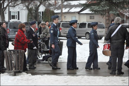 A parade led by a colour party marched from the Royal Canadian Legion Branch No. 70 clubhouse on 100th Street to John Paul II Collegiate for a Remembrance Day Service Friday. Guest speaker at the service was Bill Hall with special music provided by Lana Quinn and Byron Olsen.