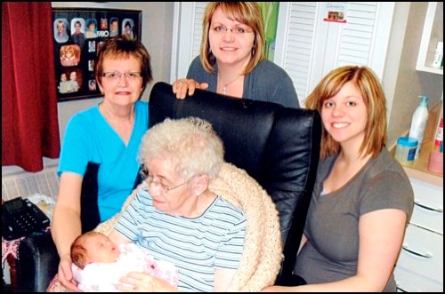 Five generations of the Graver family gathered recently. In the photo are Great-great-grandmother Katherine Graver, seated holding Brooklyn Fisher (born April 13), great-grandmother Shirley Schommer, grandmother Carrie Winterhalt and mother Shelby Winterhalt.