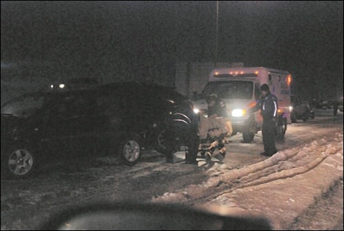 North Battleford RCMP say the slippery road conditions were a significant factor in an eight-vehicle accident, which brought the morning commute from Battleford to North Battleford to a grinding halt. Only three vehicles were directly involved in the collision, which occurred on Highway 4 North at the Highway 16 overpass. One woman was transported to the Battleford Union Hospital with a minor neck and back injury. Two of the vehicles had to be towed, while the others needed to be pulled from the snow bank. Charges have yet to be laid, as RCMP are continuing with their investigation.