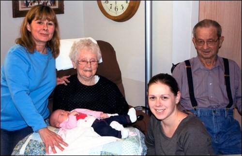 Five generations sit together in this photograph. From left to right: Grandma Judy Dwinnell, baby Brylee, great-great-grandma Hampton, mother DaniLee Dwinnell and great-grandpa Paul Prescesky.