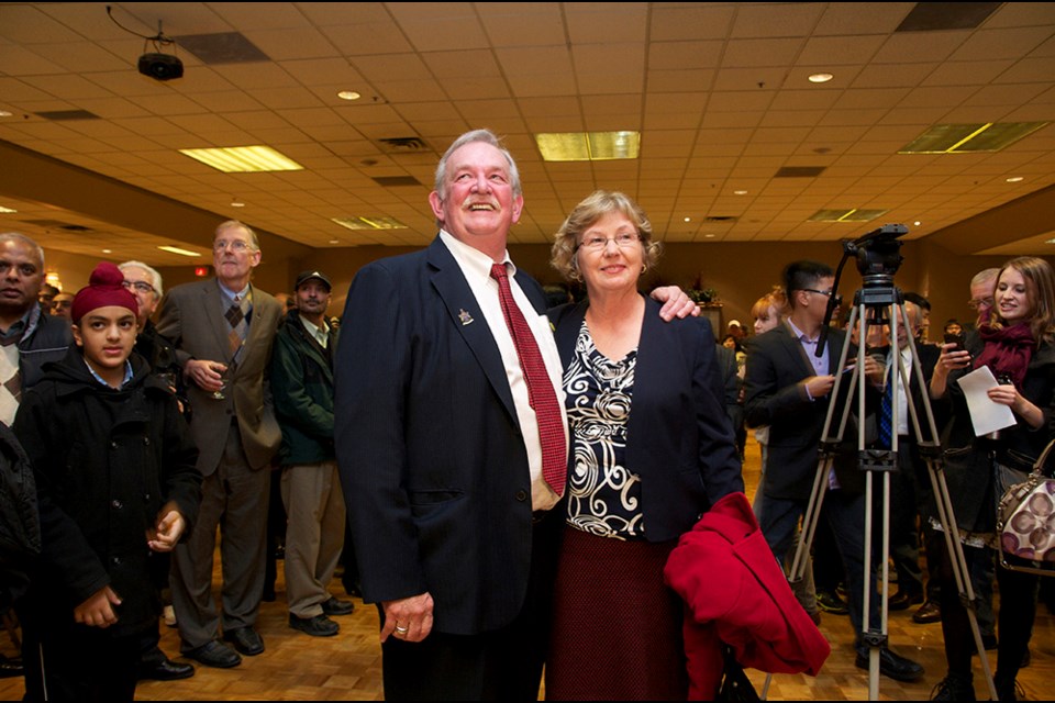 Fifth-time mayor Derek Corrigan, with wife Kathy, the MLA for Burnaby-Deer Lake, at the Burnaby Citizen Association's victory party on election night.