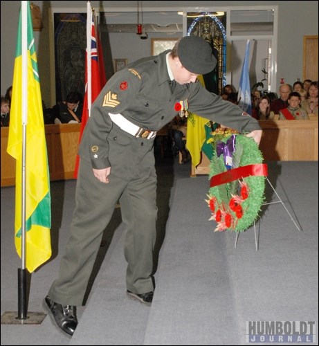 A Humboldt Army Cadet laid the wreath on behalf of the Government of Canada during Humboldt&#8217;s Remembrance Day service held at St. Augustine Church on November 11.