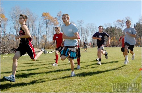 The start of the Bantam boys&#8217; race at the 2010 Horizon Central Athletic Association Pre-District Cross Country meet at Lucien Lake Regional Park saw the competitors jockey for position. The top 10 finishers in each category advanced to Districts on October 7.