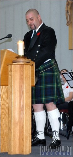 Guest speaker Marc Parlato addressed the congregation during the Remembrance Day service at St. Augustine Church in Humboldt. Parlato immigrated to Canada from the United Kingdom, where he served for 17 years in the British army. He wears the regalia of his native Ireland&#8217;s First Battalion Irish Guards.