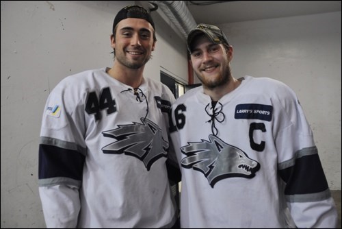 Bret Higham (left) and Brodyn Nielsen are playing on the same team for the first time since lacing up skates for the 鶹Eagles minor hockey club back in Pee Wee.