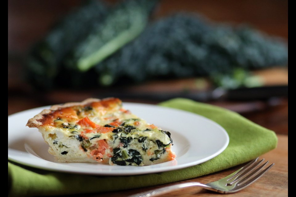 Kale stems, which are often discarded by home cooks, are used in this quiche, accented with smoked salmon and goat cheese.