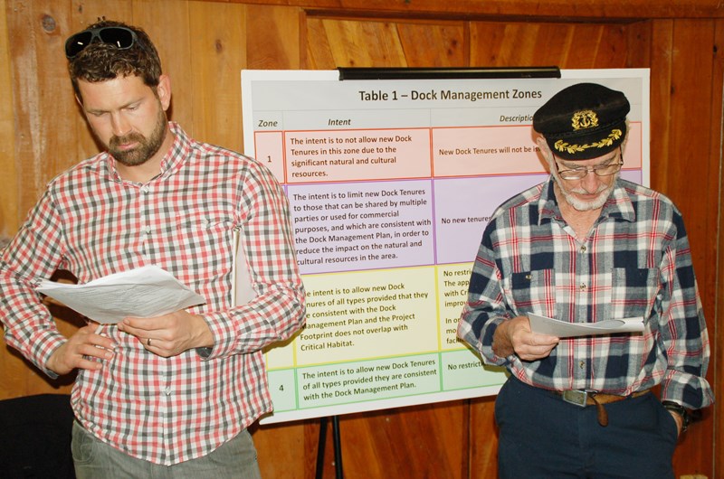 Pender Harbour residents study the draft dock management plan at an open house on Saturday, April 11.