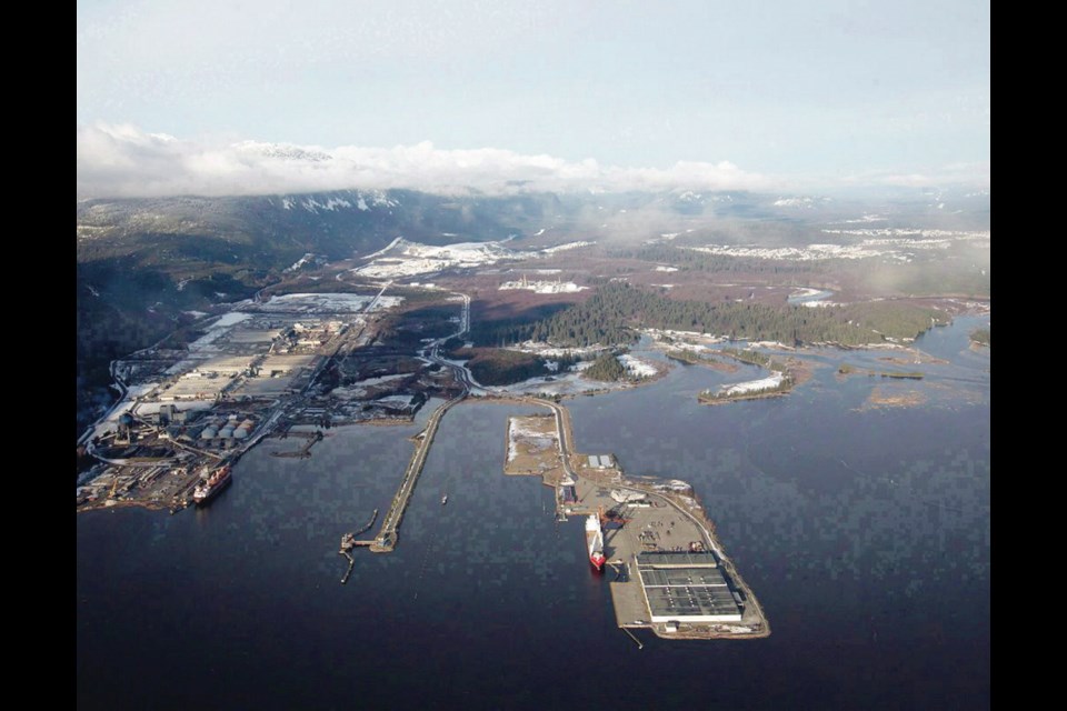 An aerial view of the proposed pipeline termination point in the Enbridge Northern Gateway Project at Douglas Channel. The effects of a tanker port and increased traffic off the west coast is the focal point of hearings this week in B.C.ês north.