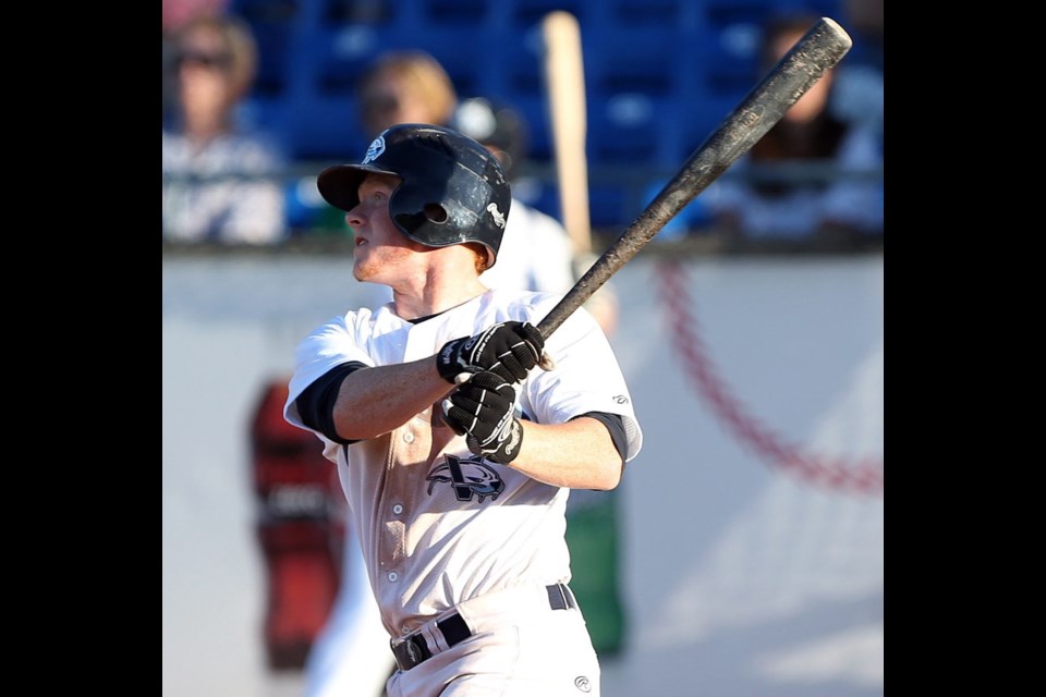 HarbourCats second baseman Griffin Andreychuk watches his first of two home runs sail over the fence during action against the Black Bears on Tuesday at Royal Athletic Park.