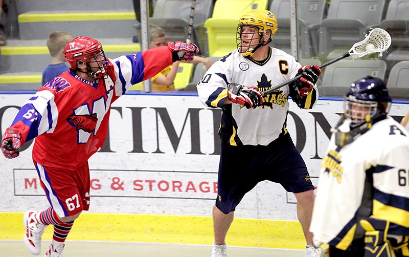 Coquitlam Adanacs captain Bruce Murray gets ready for a pass during a game against the New Westminster Salmonbellies. The 38-year-old is retiring from the game after this season and will be recognized prior to Saturday night’s game at the Poirier Sport and Leisure Complex. Face off is at 7 p.m.