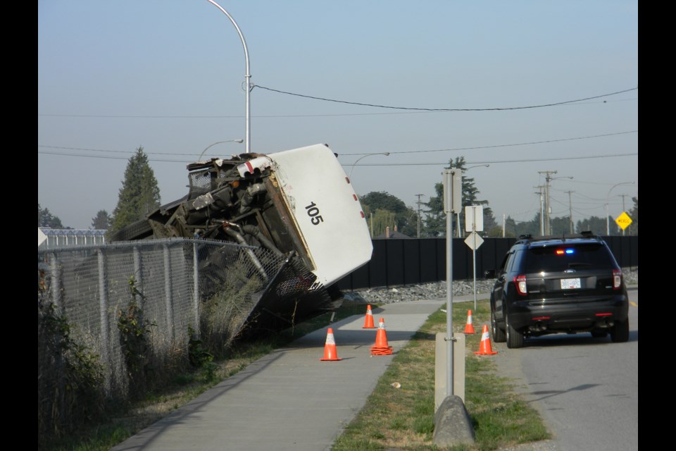 This highway coach bus was involved in a collision with a tractor-trailer on northbound Highway 99 Tuesday morning. There were no passengers on board at the time and the driver was taken to hospital with non-life threatening injuries.