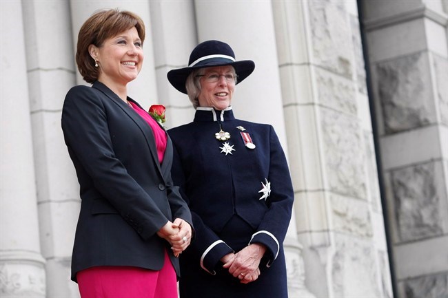 saʴý Premier Christy Clark meets with Lieutenant-Governor Judith Guichon on the steps of Legislative before opening the first session of the 40th Parliament of British Columbia at the Legislature, Wednesday, June 26, 2013. in Victoria,saʴý THE CANADIAN PRESS/Chad Hipolito