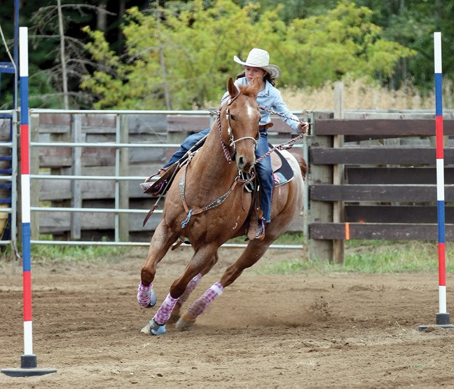 Ayla Goss of Quilchena maneuvers her horse through the poles during the Jr. Girls Pole Bending event at the Little Britches Rodeo held Saturday and Sunday at Nukko Lake arena.