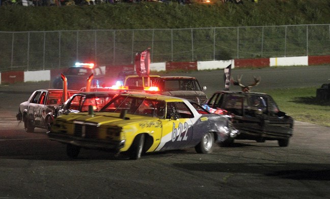 Cody Fuller gets put into the wall during Hit to Pass at PGARA Speedway with 16 racers in the main event Saturday, Sept. 5 and Sunday, Sept. 6, 2015.