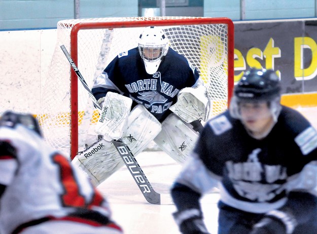 North Van Wolf Pack goaltender Trevor Withers squares up on a shooter during a 6-2 exhibition win over the Langley Knights Sept. 3. Withers is one of the few veterans left from the team that won the franchise’s first PJHL championship last season.