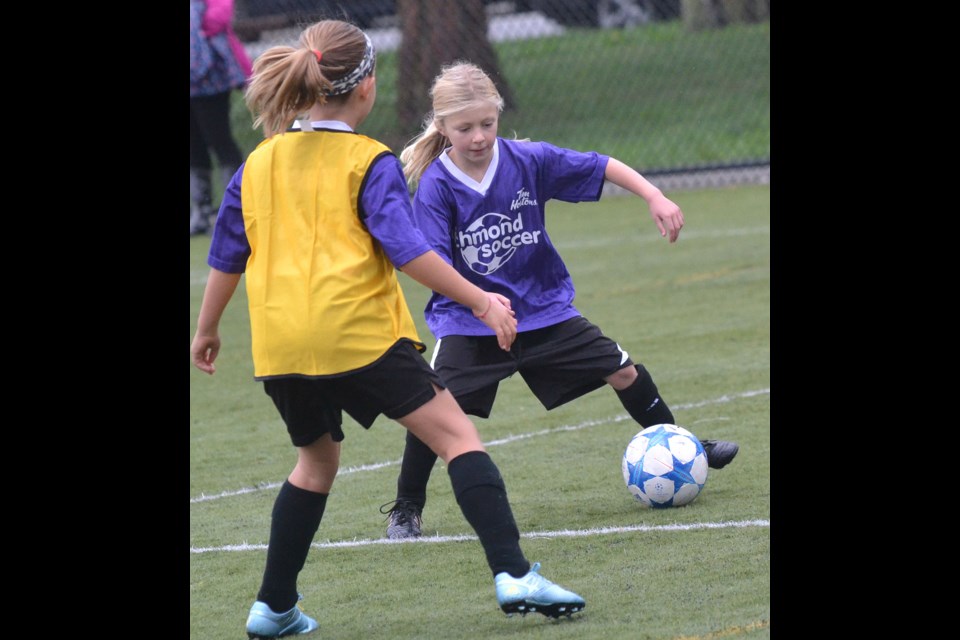 Small-sided games were part of the activities at Richmond Girls Soccer’s Ombrelle Active Start Festival at Hugh Boyd.