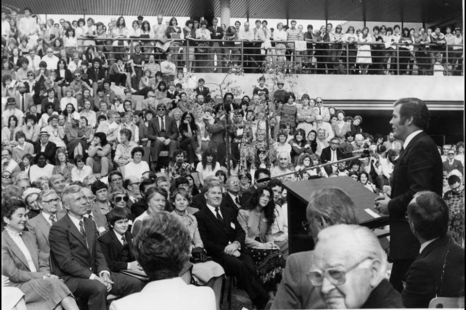 Remember this?: Education Minister Bill Vander Zalm opens the new Douglas College campus in 1983. In front row from left to right are Marylin Cassady, George P. (Skip) Cassady, (unnamed young person), MP Pauline Jewett, Emily Baker, Tom Baker and Lori Pappajohn.