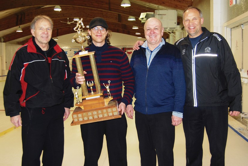 Bonspiel winners: Team Meyer were the winners at the Men’s Curling Bonspiel held Jan 15 to 17 in Gibsons. Pictured (from left) are Cal Fister, Matt Chalmers, Brad Zalys and Barry Meyer.