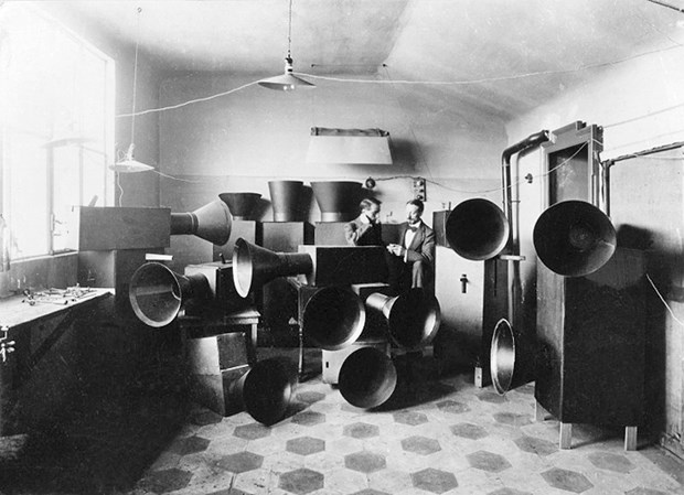 Italian futurist Luigi Russolo and his assistant Ugo Piatti in their studio with some of Russolo’s intonarumori (noise machines), Milan, 1914–15. The photograph is included in the new exhibit, Mashup: The Birth of Modern Culture, opening Saturday, Feb. 20 at the Vancouver Art Gallery.