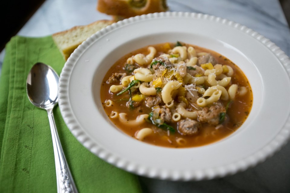 Filling pasta e fagioli soup can be a dinnertime meal when served with focaccia bread.